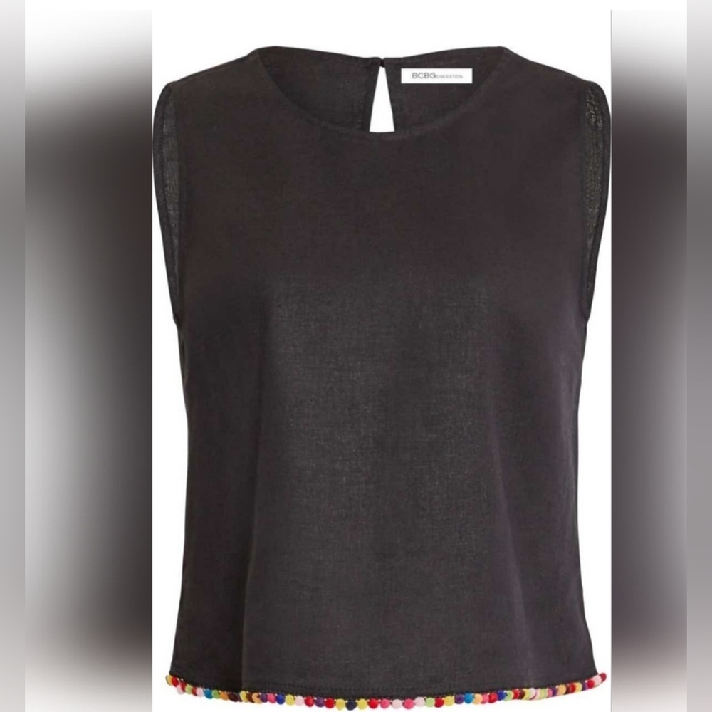 BCBGeneration Black Linen Blend Pompom Trim
Sleeveless Top size M - Picture 2 of 6